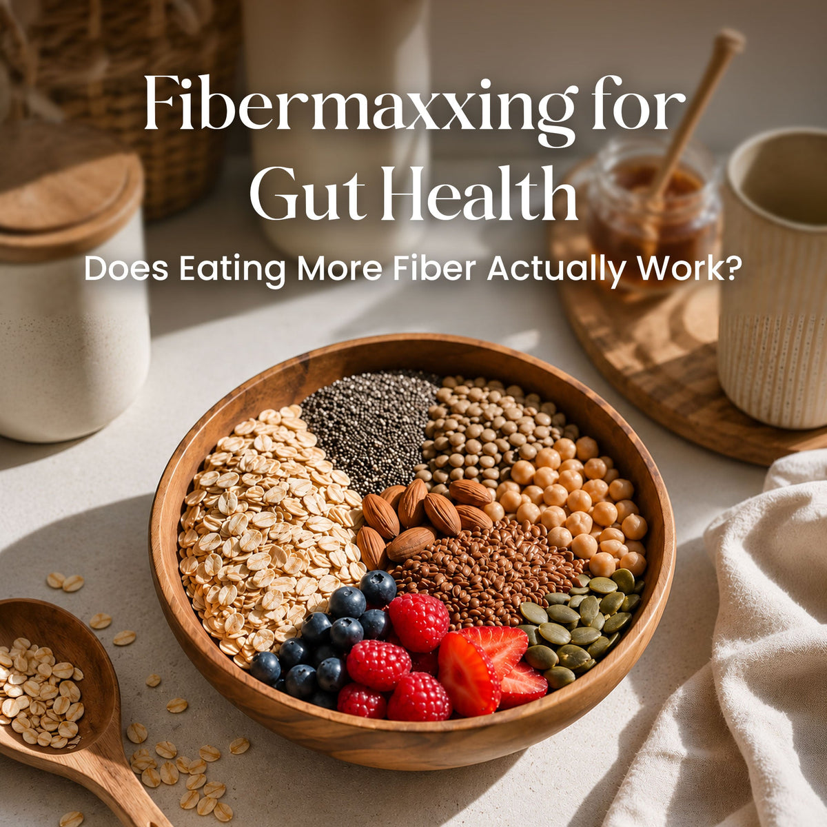 Wooden bowl of high-fibre foods: oats, chia seeds, flaxseeds, almonds, chickpeas, pumpkin seeds, blueberries and strawberries