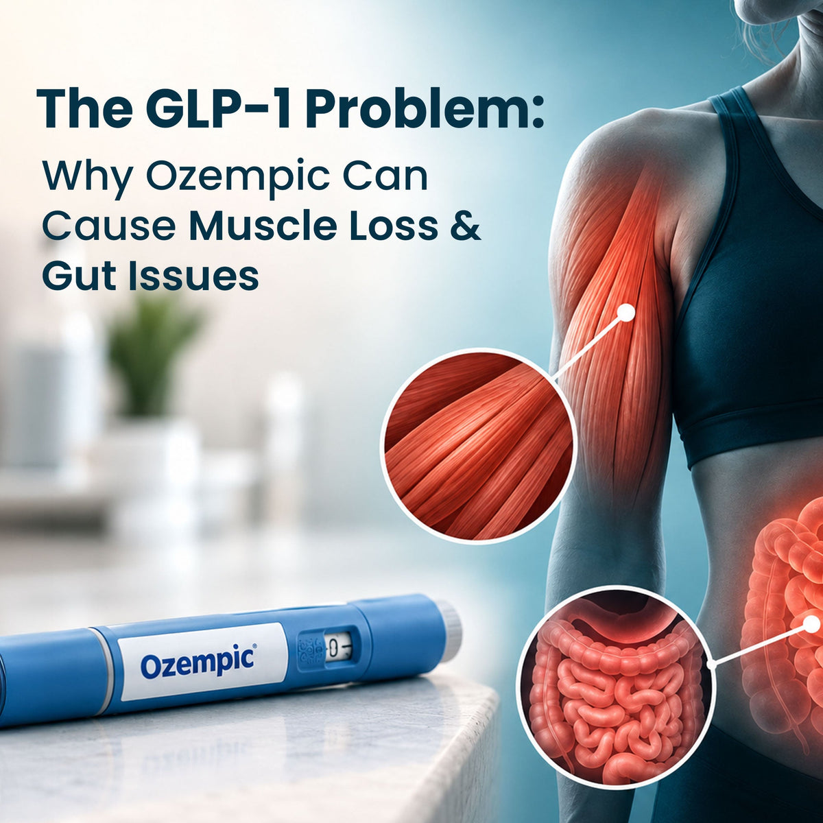 Graphic showing an Ozempic pen and human anatomy highlighting muscle loss and gut issues caused by GLP-1 medications.