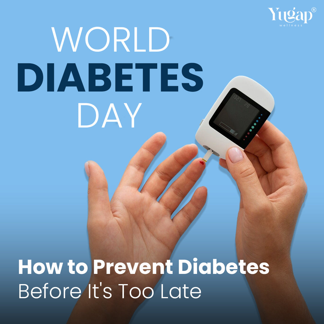 Visual showing hands using a glucometer for blood sugar check with World Diabetes Day message and text on diabetes prevention.