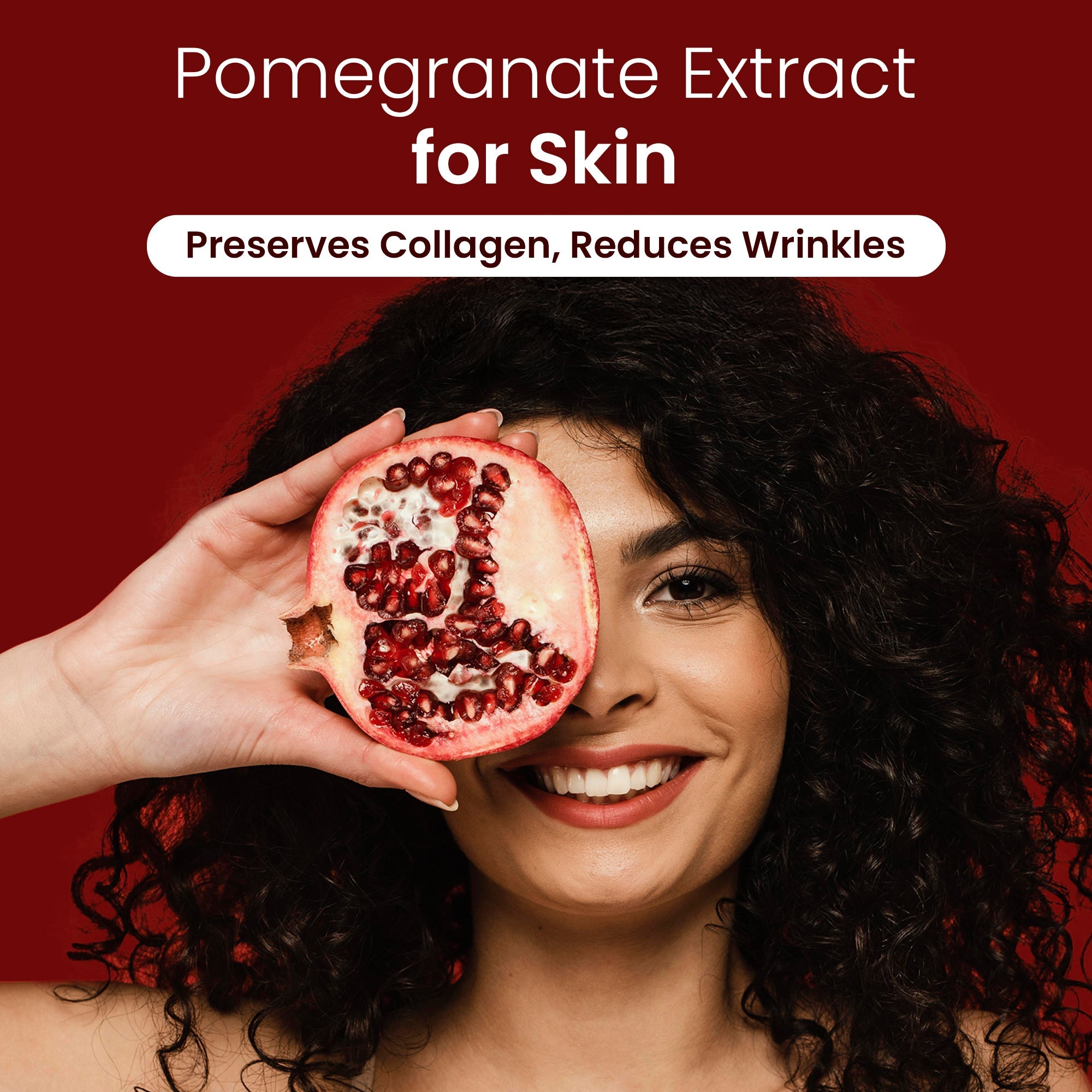 A smiling woman holding a halved pomegranate over her eye against a dark red background. Text on the image reads 'Pomegranate Extract for Skin: Preserves Collagen, Reduces Wrinkles