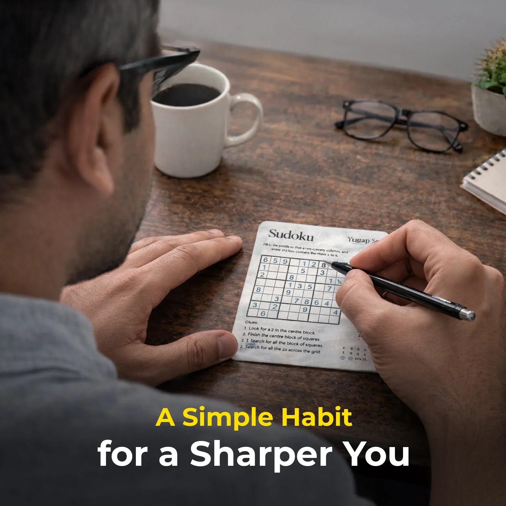 Person solving a Sudoku puzzle with a cup of coffee and glasses on a table.