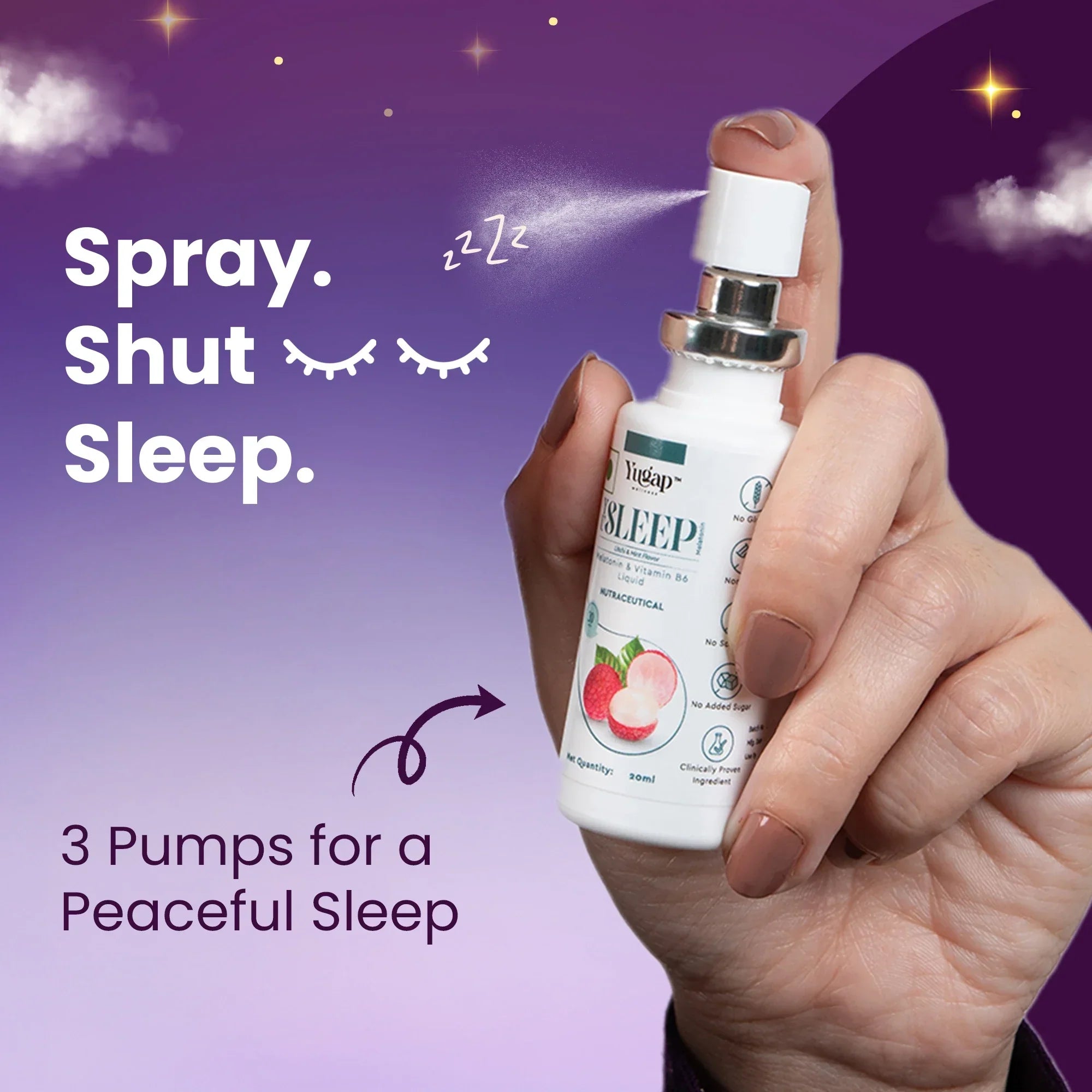 Hand holding a sleep spray bottle with a purple background and text about sleep aid.