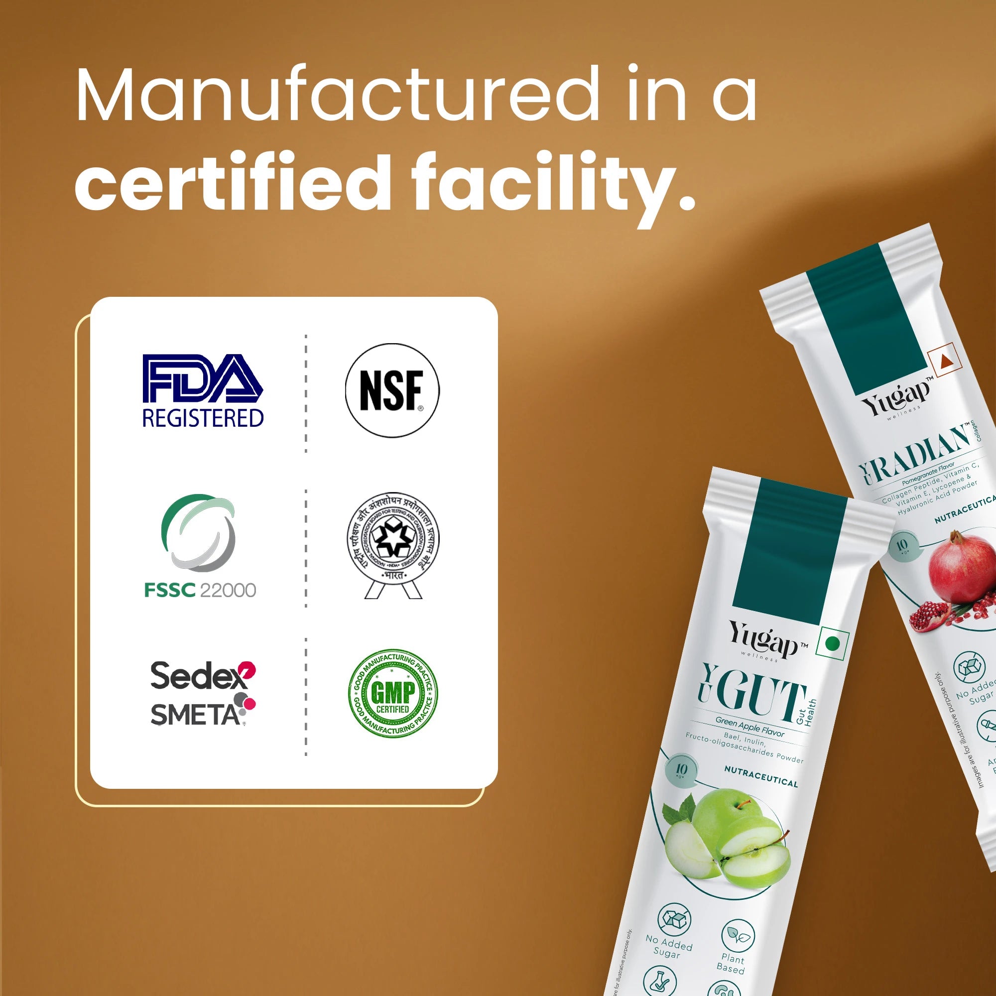 Yogurt packages with certification logos on a brown background