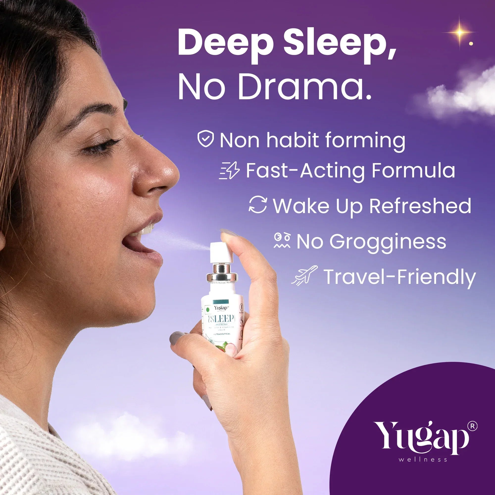 Deep sleep support spray by Yugap, non-habit forming, fast-acting formula, helps you wake up refreshed and travel-ready, prevents grogginess