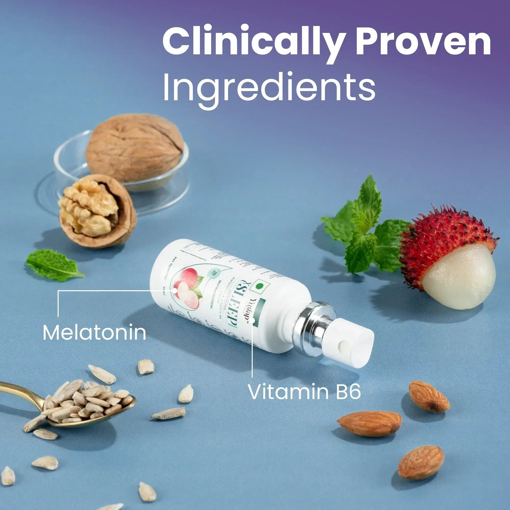 Yugap sleep spray bottle with melatonin and vitamin B6 ingredients displayed alongside walnuts, lychee, almonds, and seeds on blue background highlighting clinically proven formula