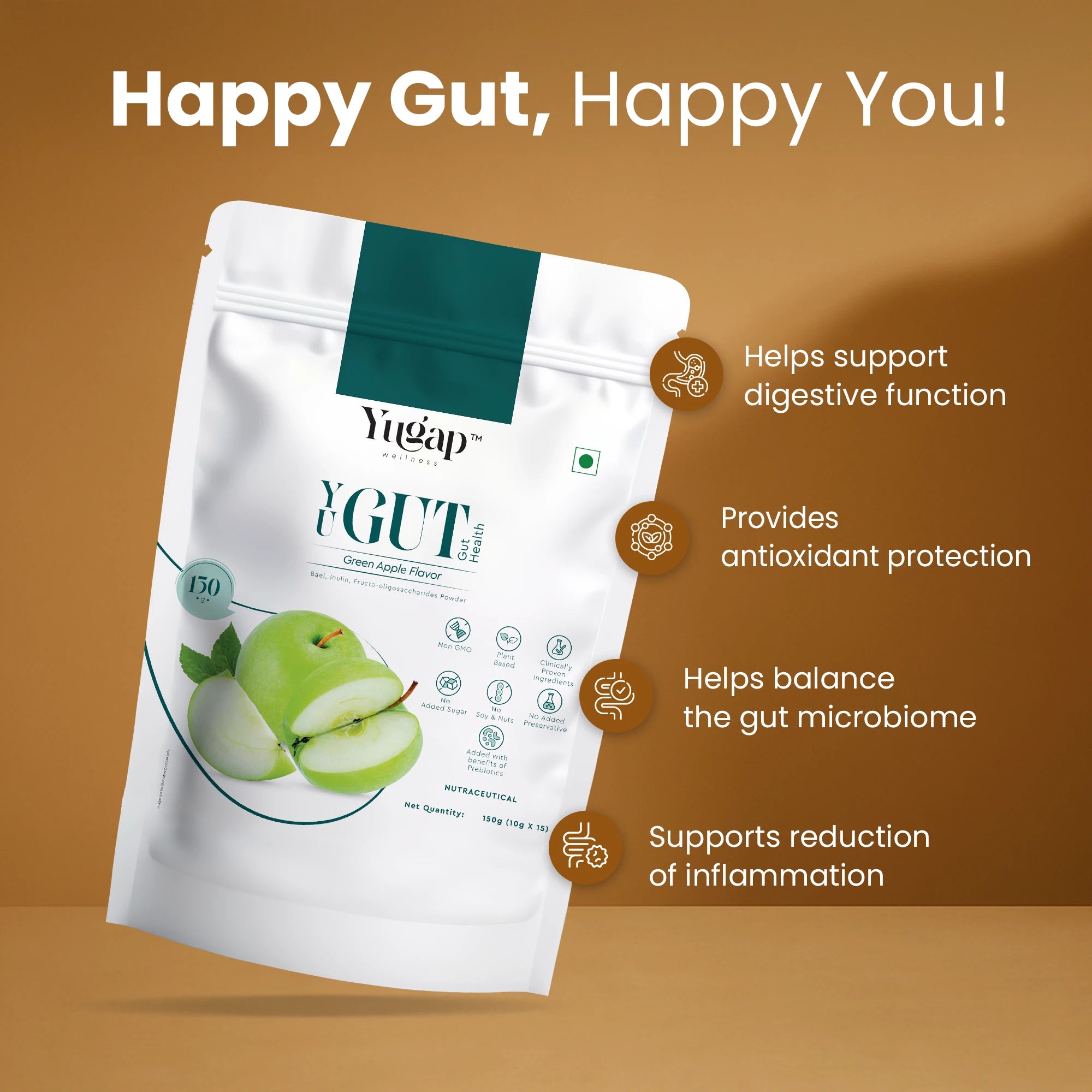 Tilted Yugap YGute apple probiotic pouch on brown backdrop with apple slices and icons highlighting benefits: supports digestive function, antioxidant protection, gut microbiome balance, and inflammation reduction