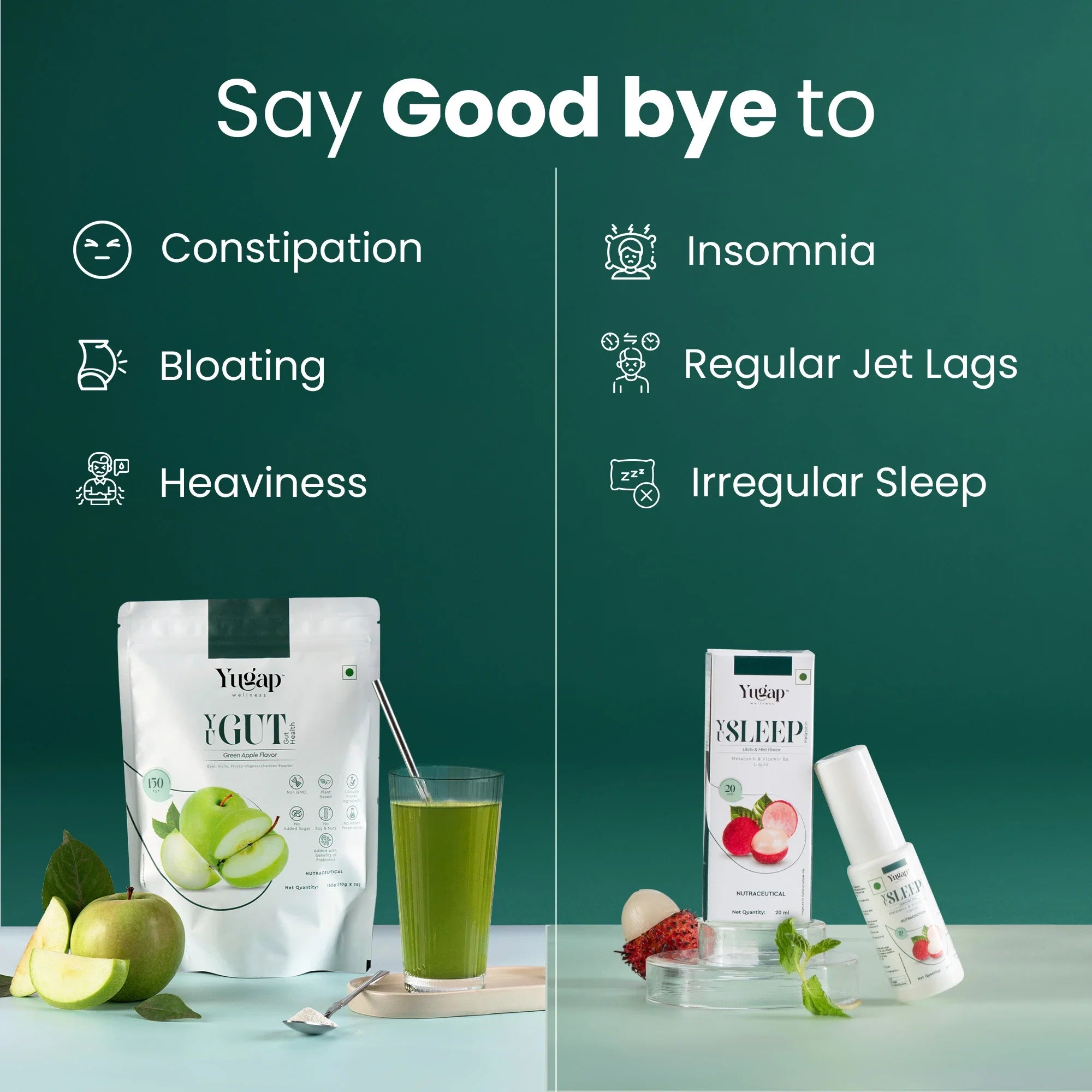 Yugap YGute apple probiotic pouch and green juice alongside Yugap Sleep spray with box on green background, highlighting relief from constipation, bloating, heaviness, insomnia, jet lag, and irregular sleep