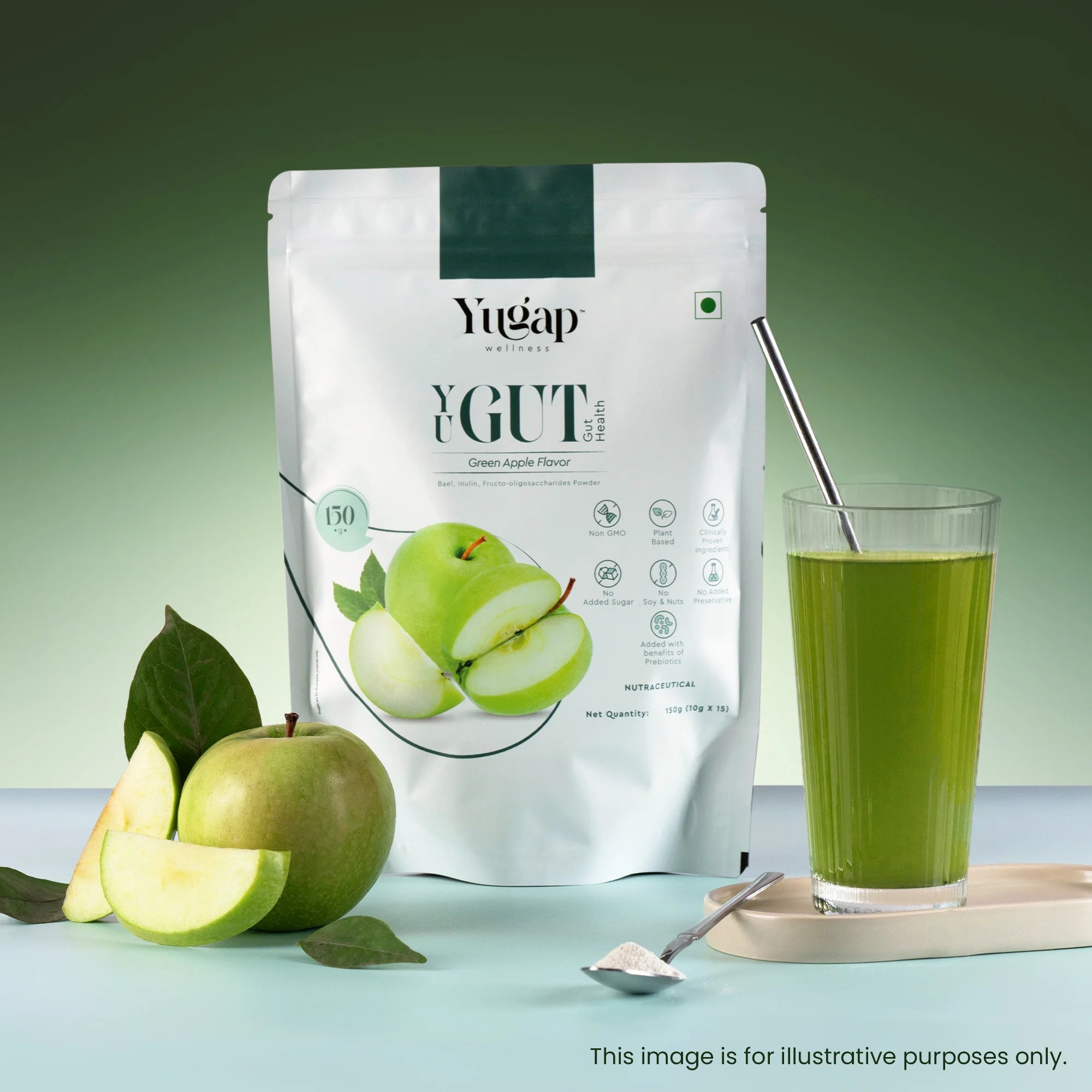 Yugap YuGut prebiotic gut health powder with green apple flavor displayed alongside a glass of green drink, fresh apple slices, and sachet, supporting digestion, bloating relief, and daily gut wellness.