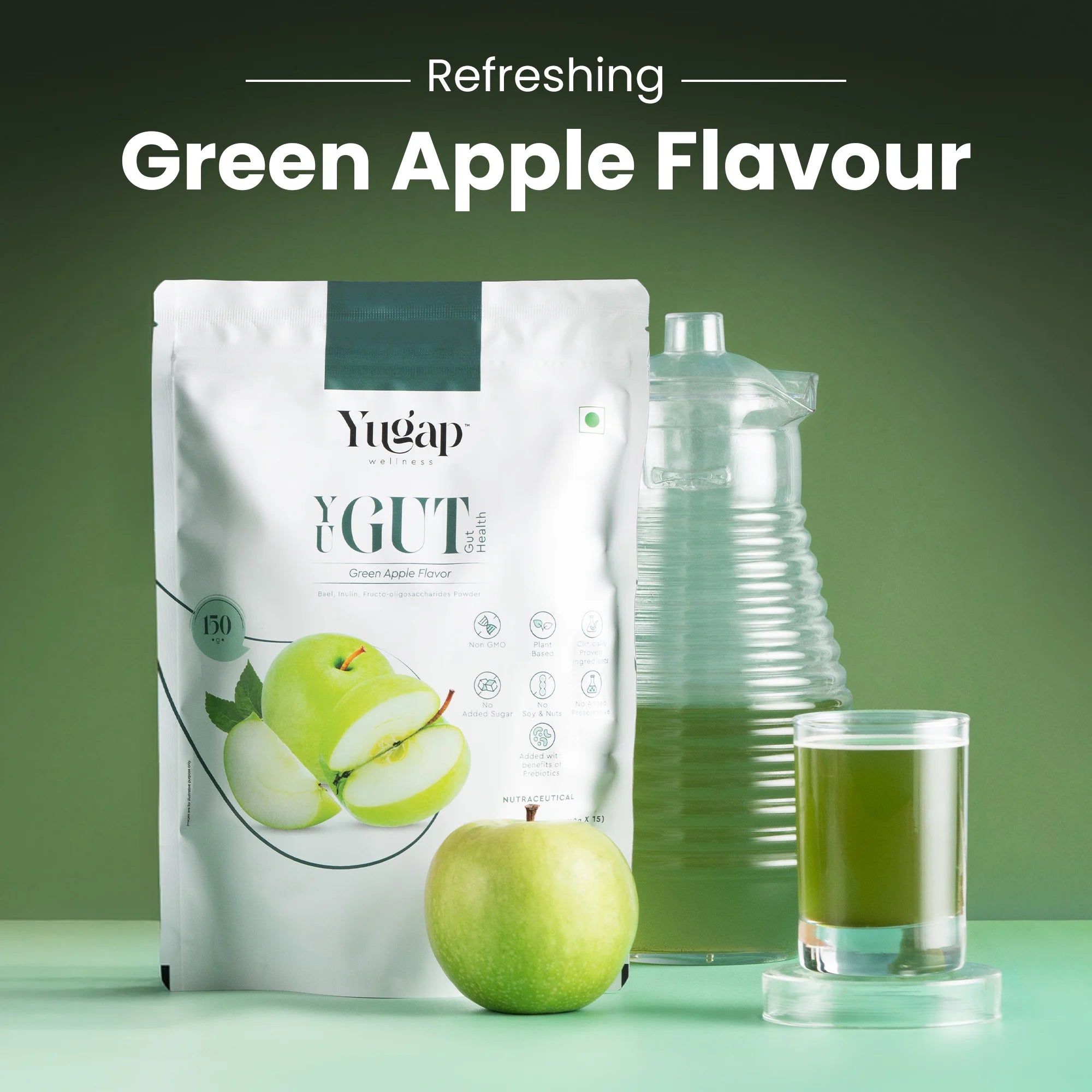 Yugap YuGut gut health powder with refreshing green apple flavor shown with a pouch, glass of green drink, fresh apple, and water bottle, highlighting daily digestive wellness and prebiotic benefits.