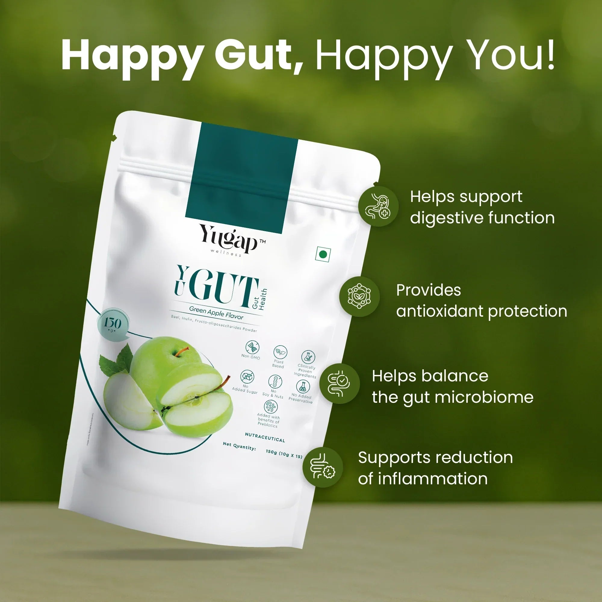 YuGut prebiotic probiotic supplement in green apple flavor supports gut microbiome, digestion, and inflammation reduction for better gut health.
