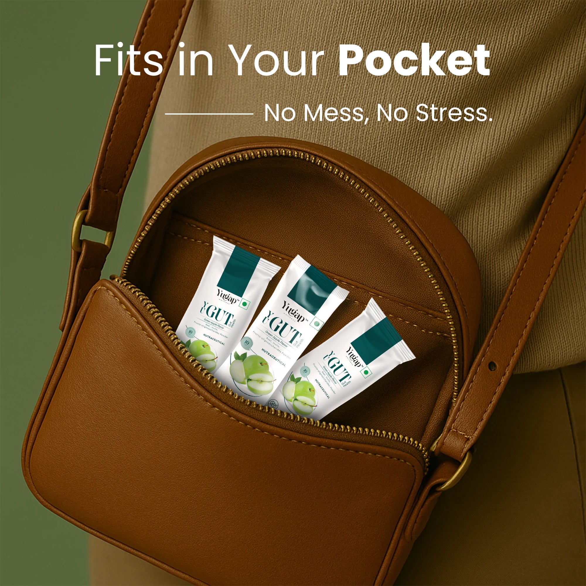 Three Yugap YuGut green apple gut health sachets in a brown sling bag with text ‘Fits in Your Pocket, No Mess, No Stress,’ highlighting its travel-friendly and convenient digestive support format.