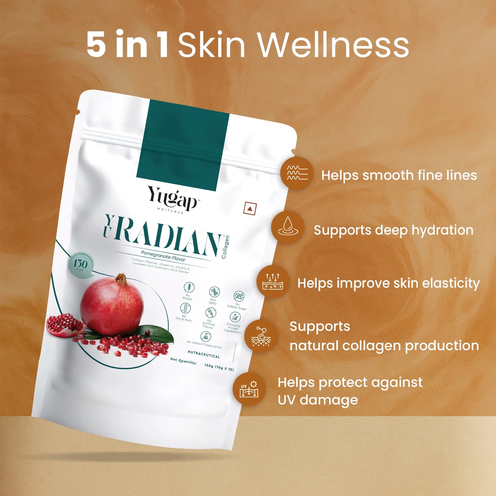Yugap Yuradian pouch with 5-in-1 skin wellness benefits: smooths fine lines, hydrates, improves elasticity, boosts collagen, protects from UV damage