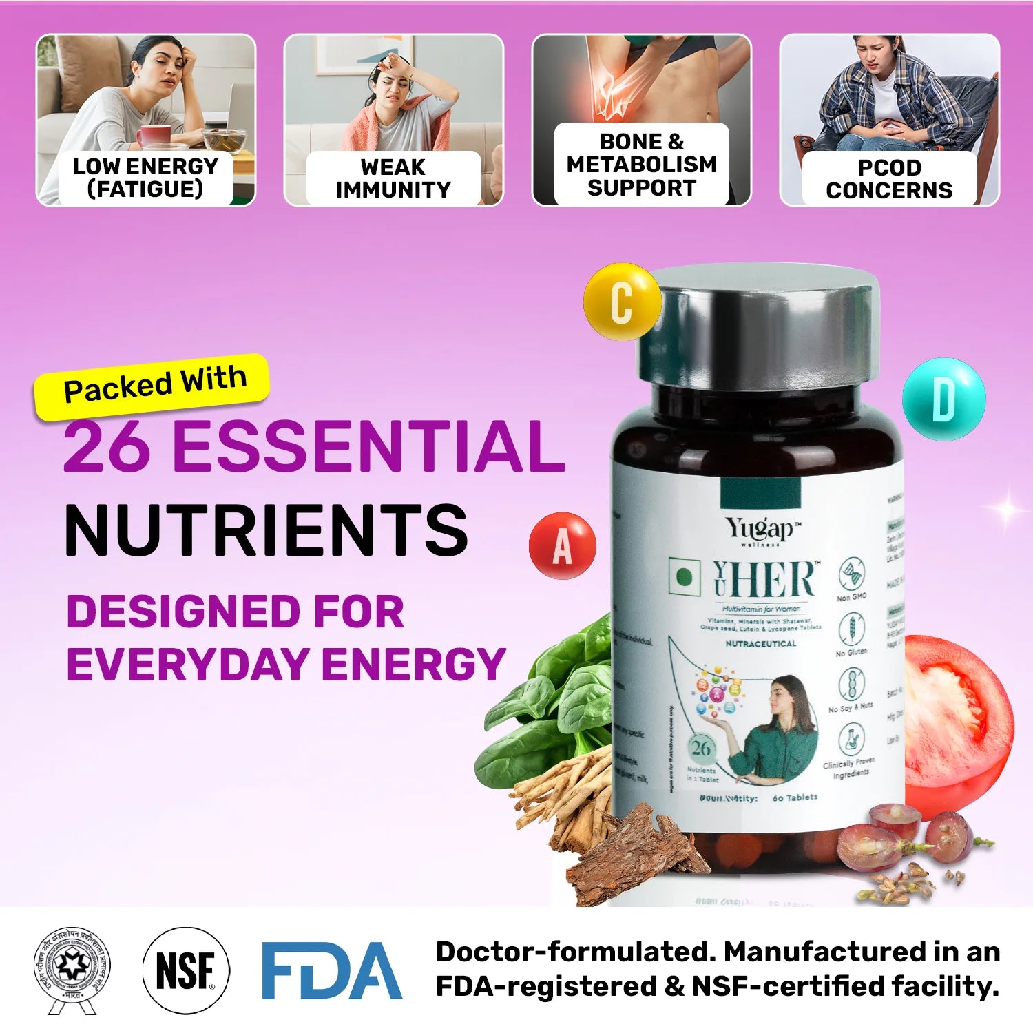 Yugap immune-support vegan supplement bottle and box with shatawar and pine bark extract botanicals on pink backdrop.