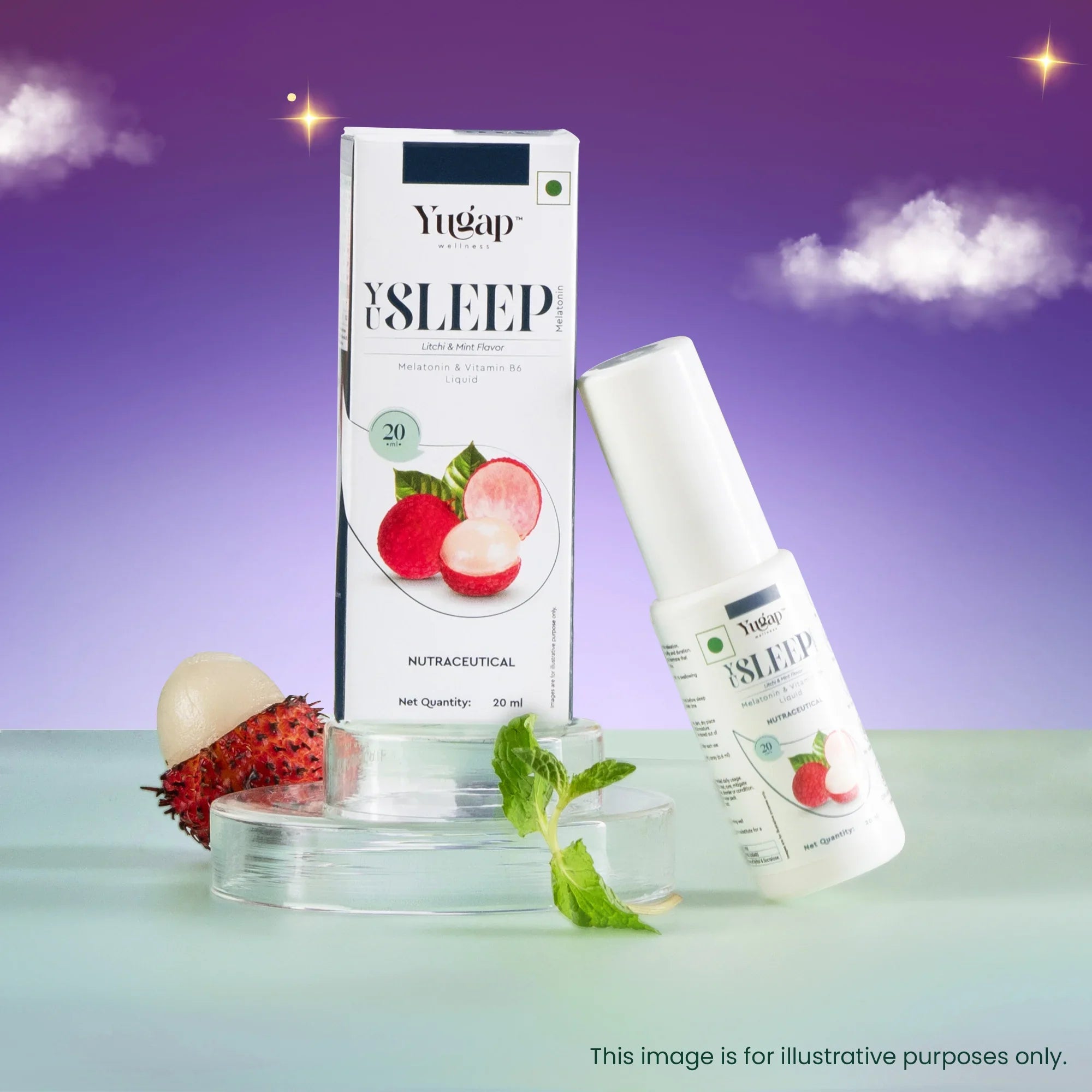 YuSleep melatonin mouth spray by Yugap in litchi‑mint flavor, promoting restful sleep, reduced stress, and natural sleep‑wake cycle regulation.
