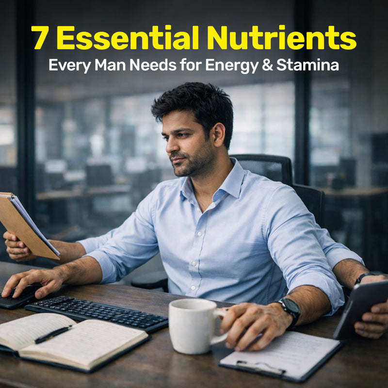 Man working at a desk with text overlay about 7 essential nutrients for energy and stamina