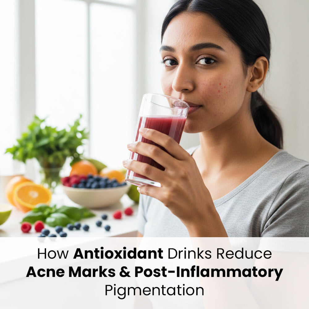 Woman drinking antioxidant juice for clear skin and acne treatment