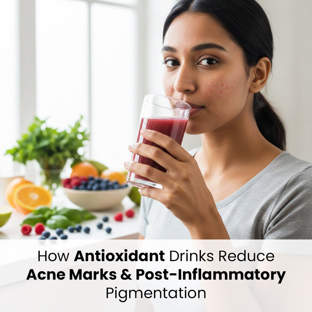 Woman drinking antioxidant juice for clear skin and acne treatment