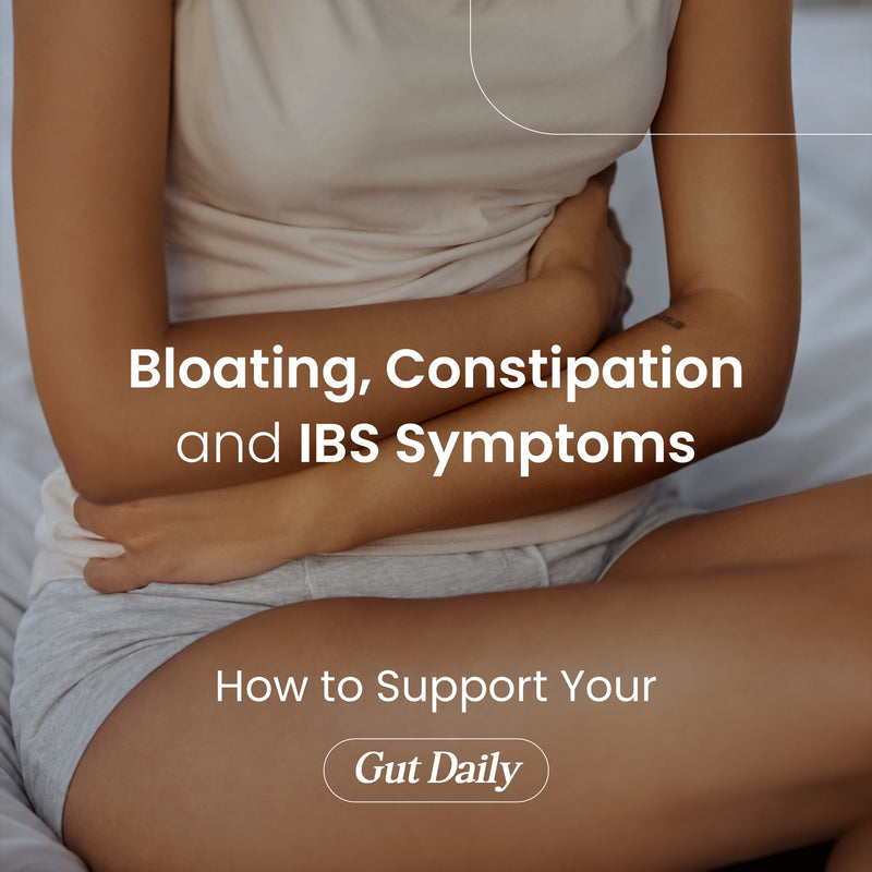 Person holding stomach, highlighting bloating, constipation and IBS symptoms with daily gut health support tips.