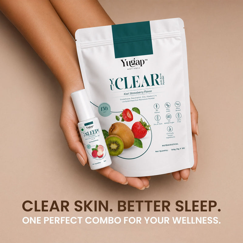 Hands holding a white Yugap CLEAR drink mix pouch with strawberry and kiwi illustrations, alongside a small white supplement bottle. Text reads "Clear skin. Better sleep. One perfect combo for your wellness.