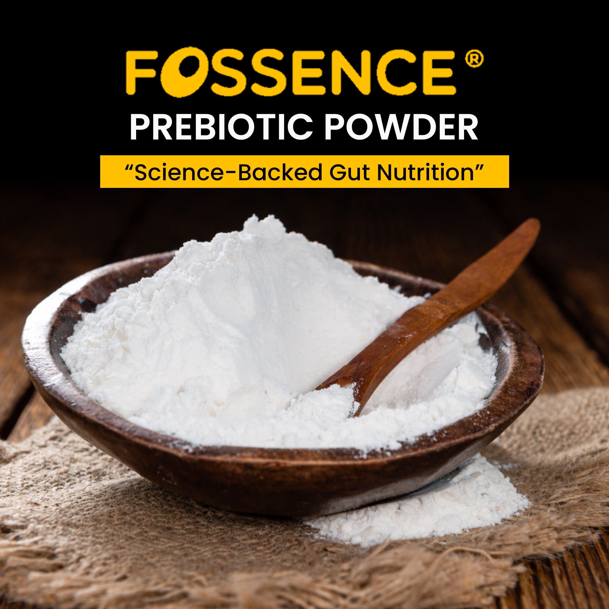 Fossence® prebiotic fiber powder in a wooden bowl, used to support gut health and digestion naturally.
