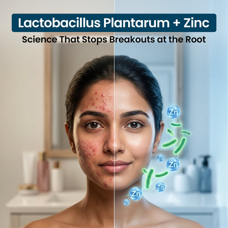 Woman with acne-prone skin shown beside clearer skin, illustrating Lactobacillus plantarum and zinc for breakout support