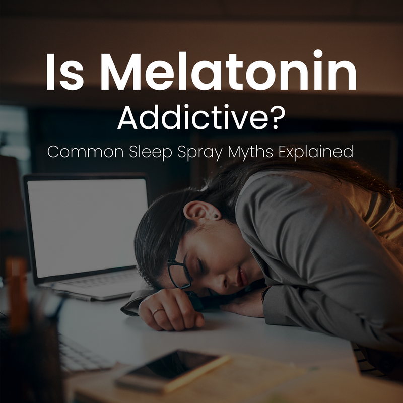 Is melatonin addictive? Common sleep spray myths explained — person asleep at a desk in front of a laptop