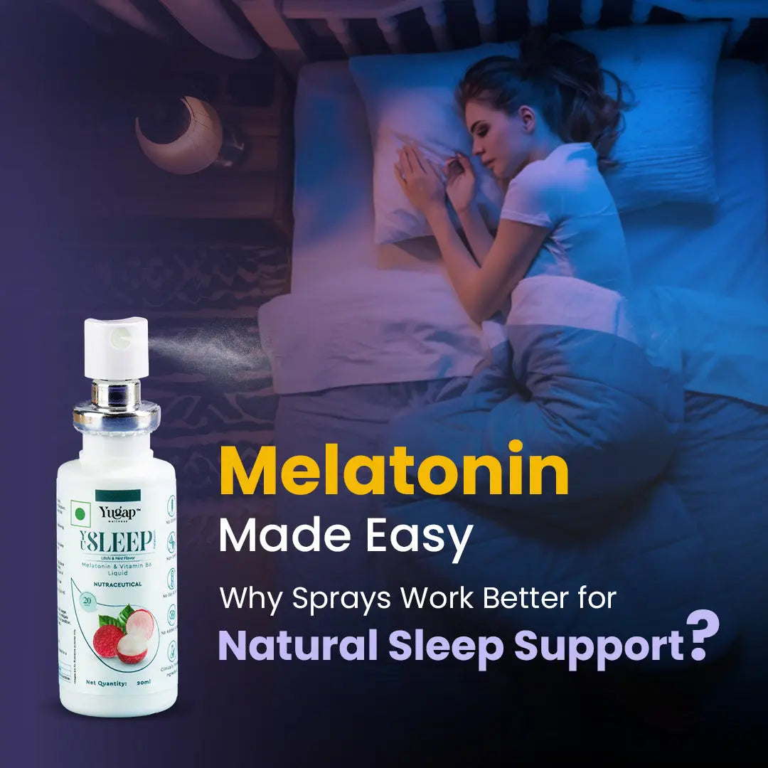 YuSleep Melatonin Spray product image with a woman sleeping peacefully in bed. Text reads 'Melatonin Made Easy – Why sprays work better for natural sleep support' promoting natural sleep aid supplement.