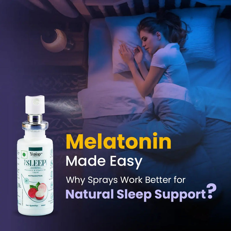 YuSleep Melatonin Spray product image with a woman sleeping peacefully in bed. Text reads 'Melatonin Made Easy – Why sprays work better for natural sleep support' promoting natural sleep aid supplement.