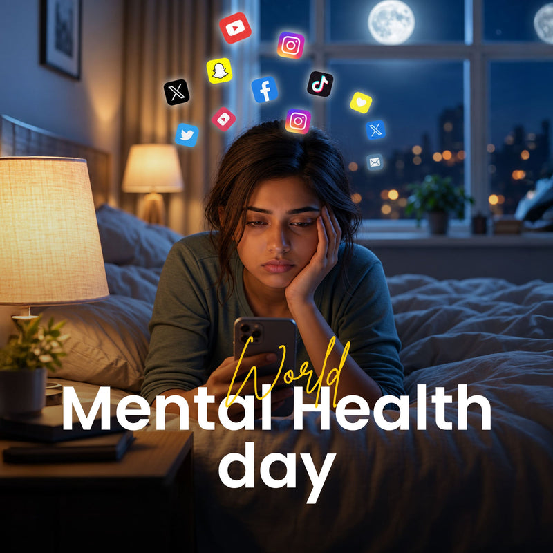 stressed young woman lying awake in bed at night looking at her phone, surrounded by floating social media icons, with 'World Mental Health day' text.