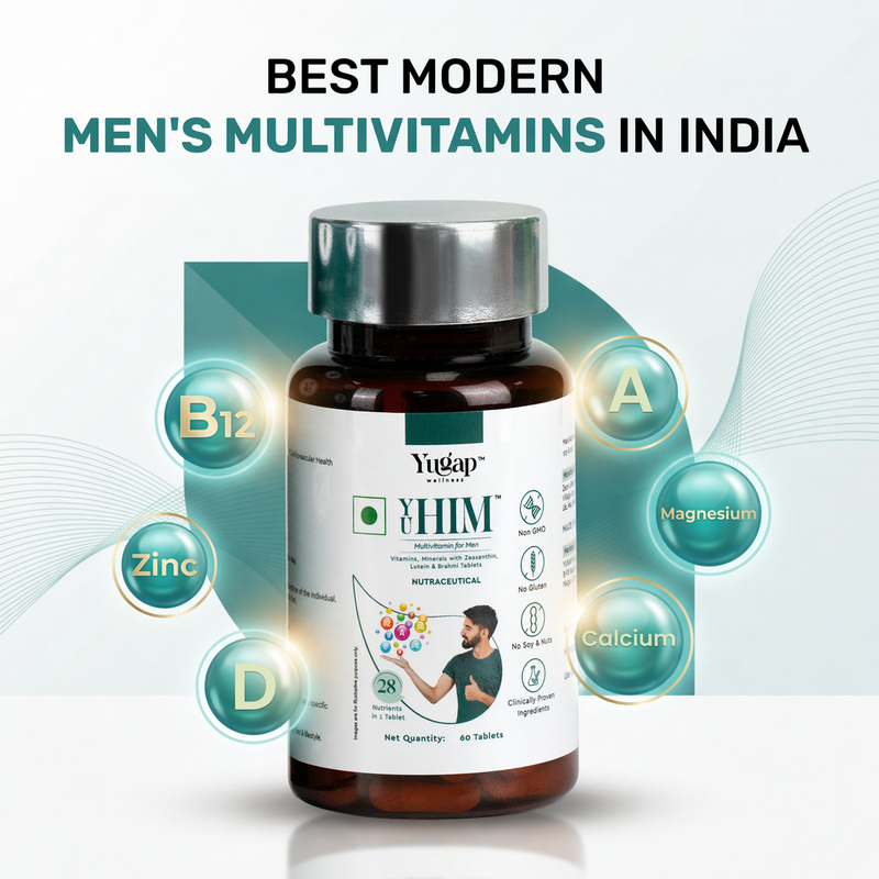 YuHim Men’s Multivitamin bottle with key nutrients like B12, Zinc, Vitamin D, Magnesium, and Calcium, promoted as a modern men’s multivitamin in India.