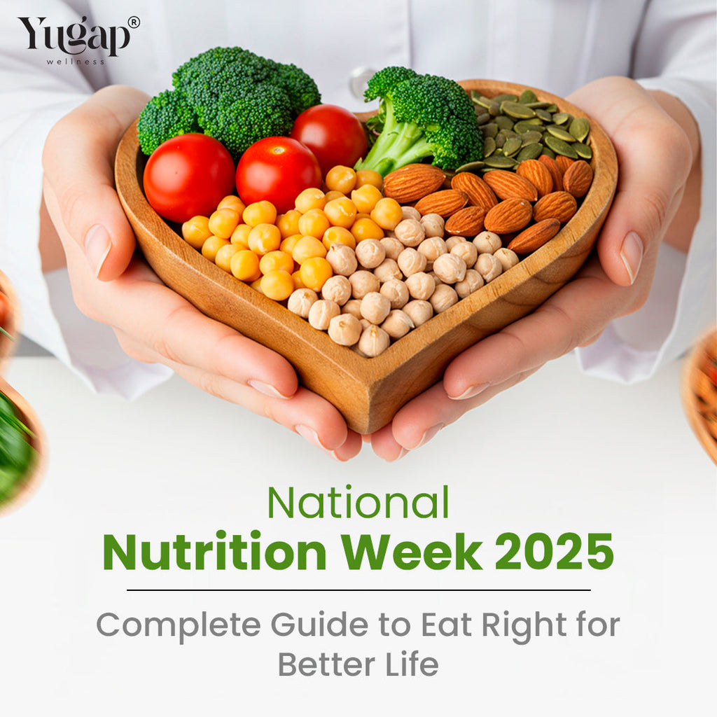 National Nutrition Week 2025 heart-shaped healthy food bowl with vegetables, nuts, and grains – Yugap Wellness blog