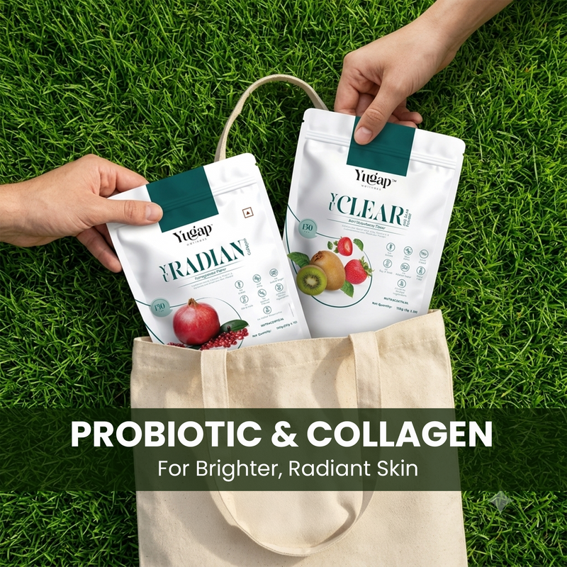 Yugap YuRadian marine collagen and YuClear probiotic supplement pouches in a tote bag for glowing skin