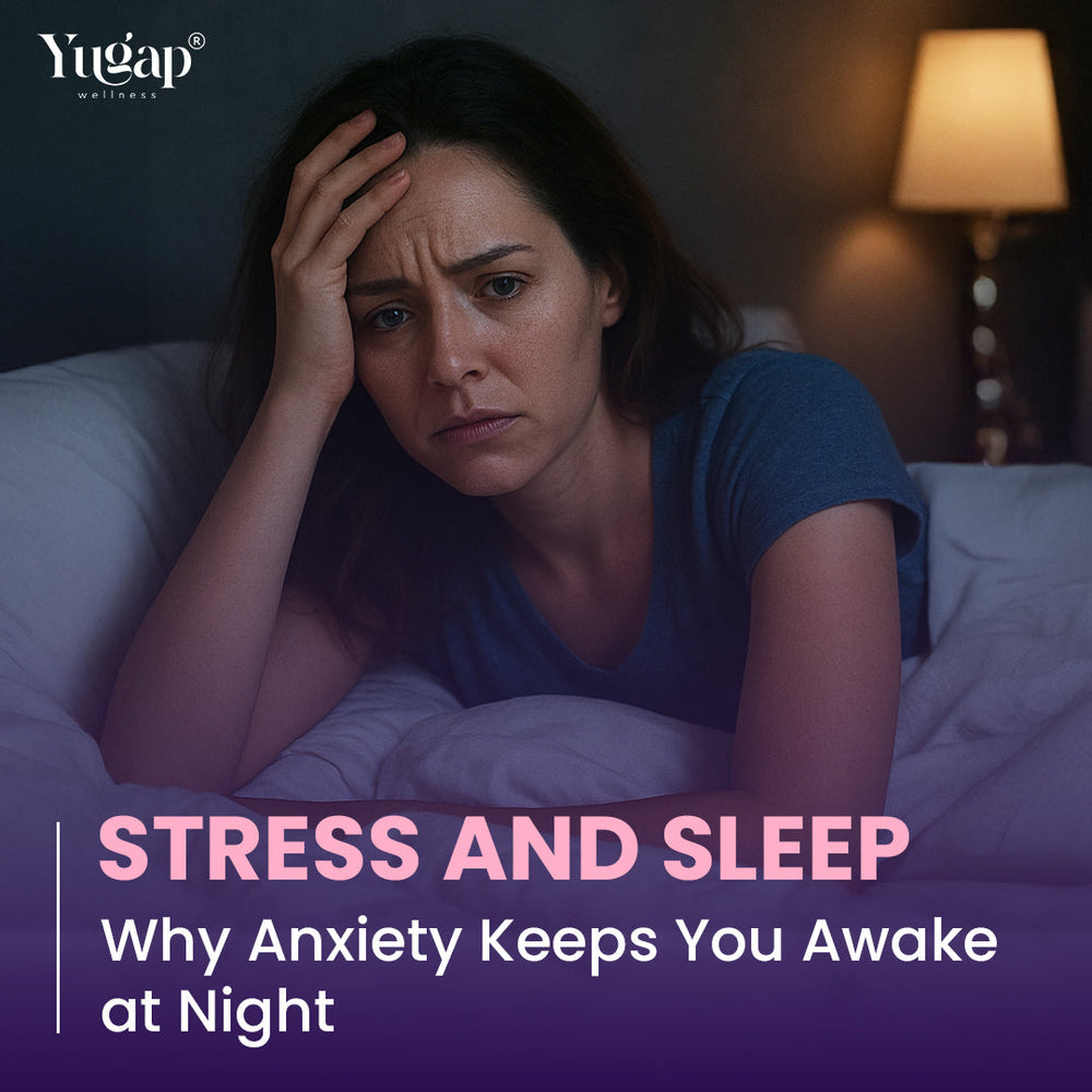 Stressed woman awake in bed at night with lamp on; text: ‘Stress and Sleep – Why Anxiety Keeps You Awake at Night