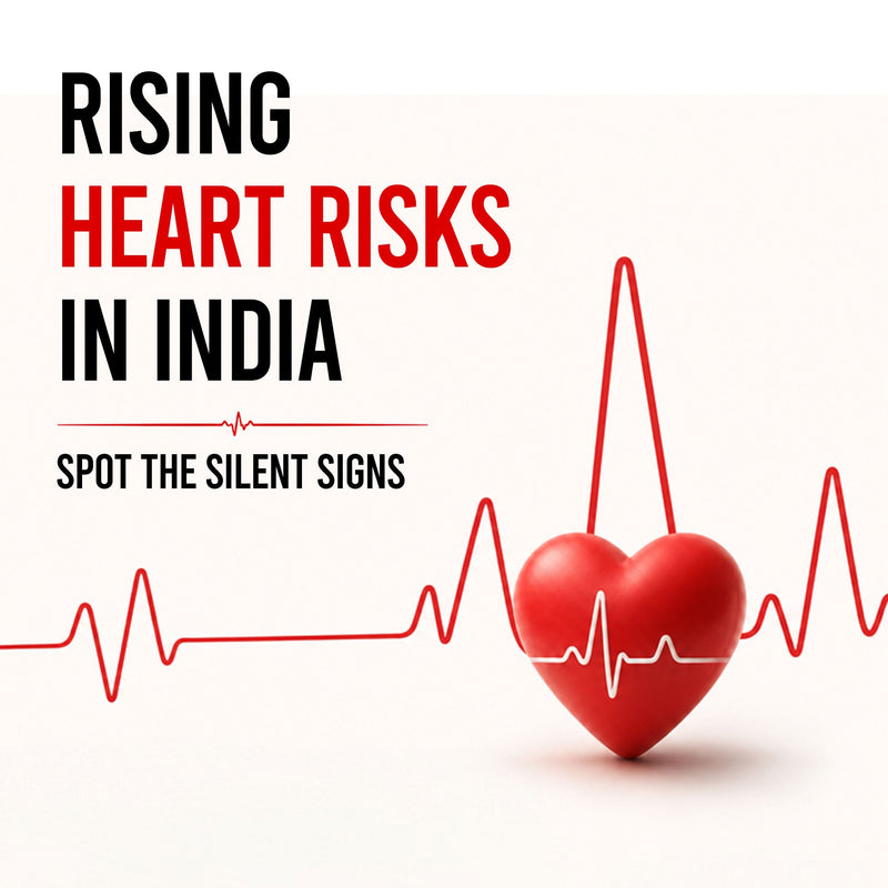 Rising Heart Risks in India: Spot the silent signs. A red heartbeat line passing through a 3D red heart.