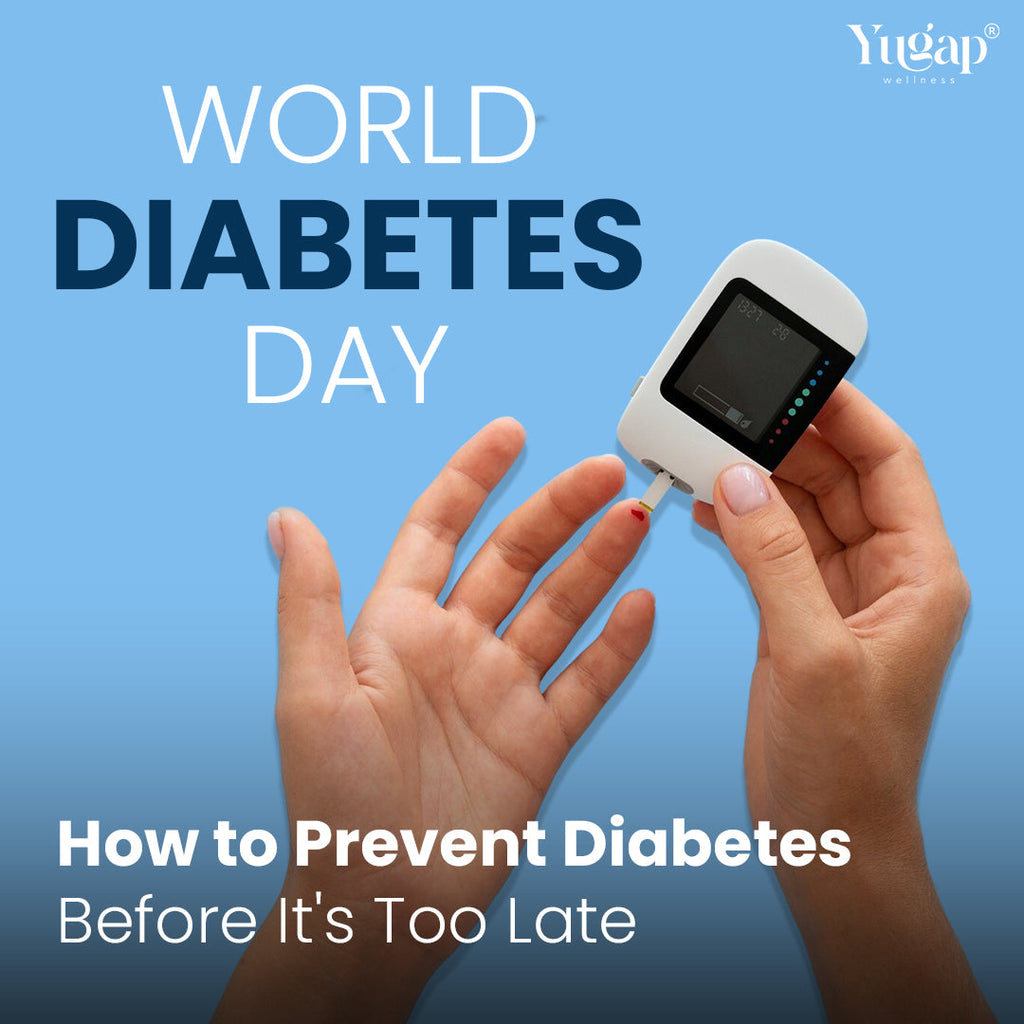Visual showing hands using a glucometer for blood sugar check with World Diabetes Day message and text on diabetes prevention.
