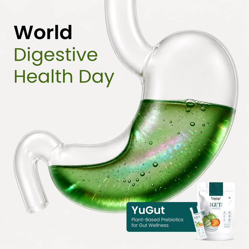 World Digestive Health Day graphic featuring YuGut prebiotic powder beside a green stomach illustration for daily gut wellness