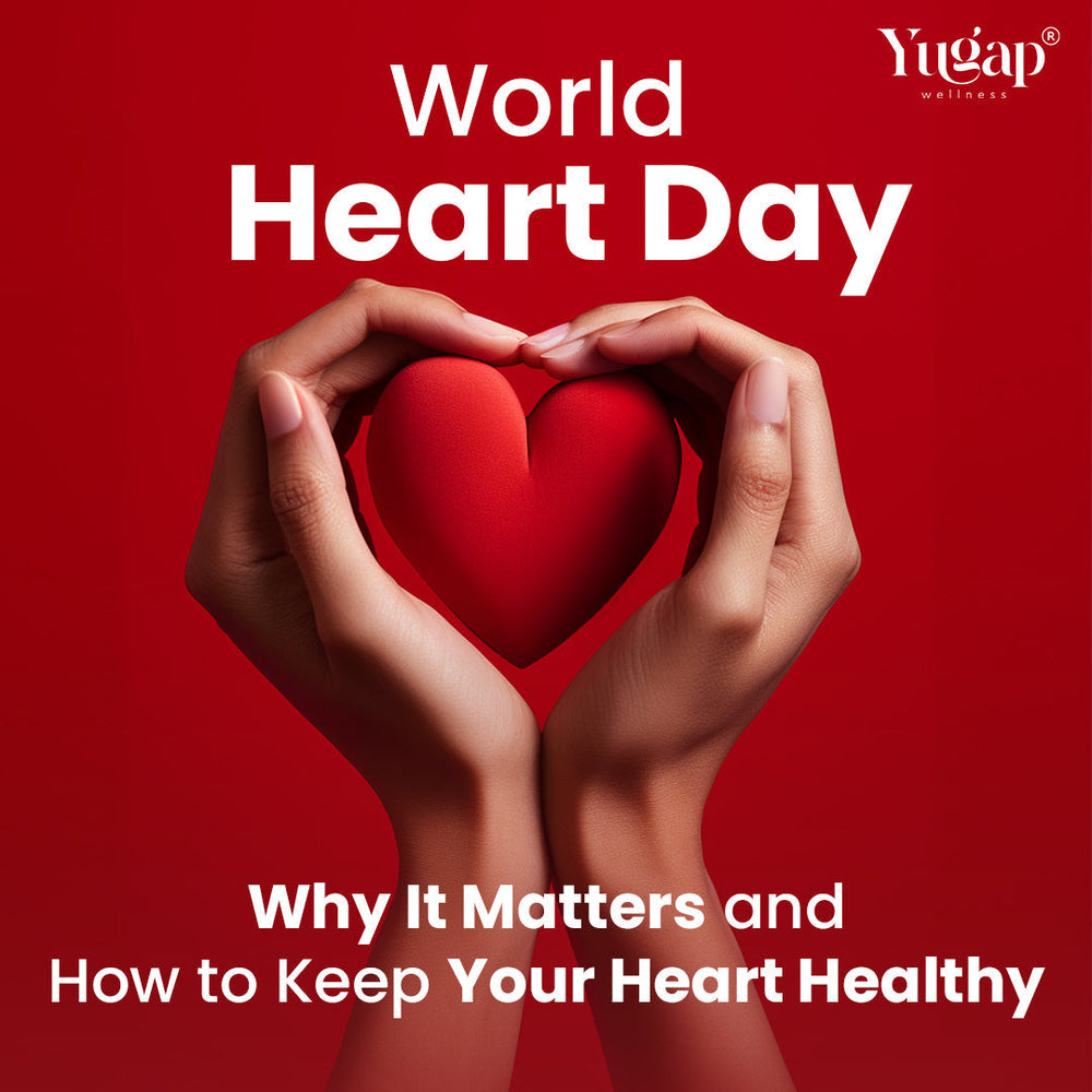 World Heart Day poster by Yugap Wellness promoting heart health tips and awareness.