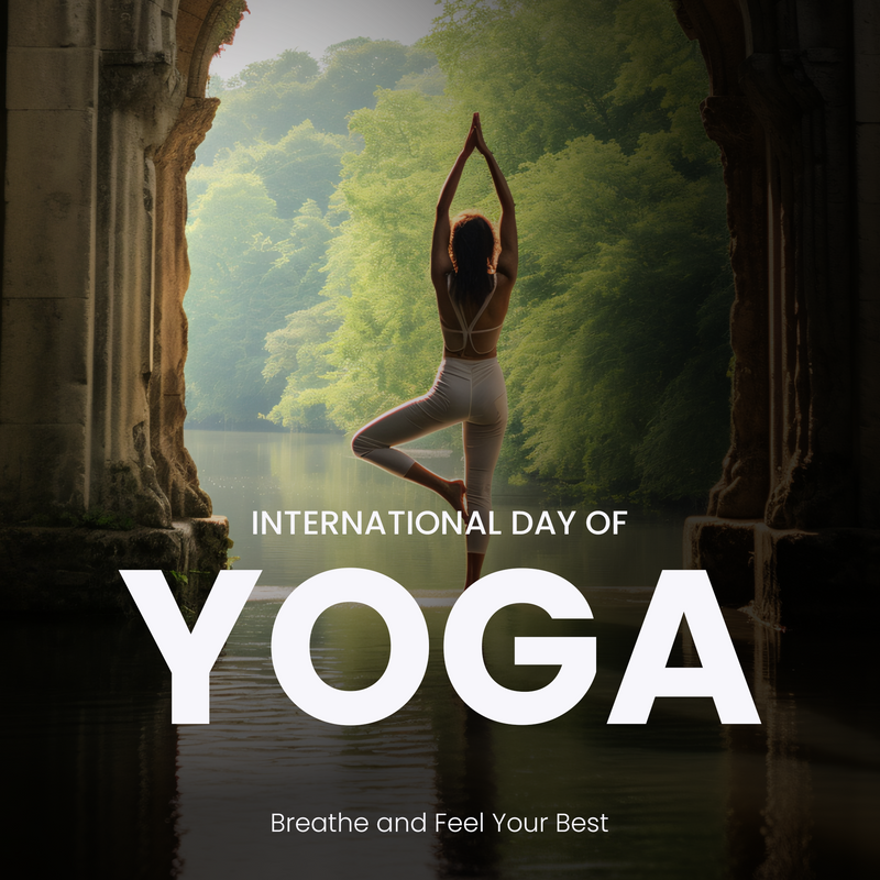 Woman practicing Vrikshasana tree pose in a serene nature setting for International Day of Yoga, embracing mindful breathing and daily holistic wellness.