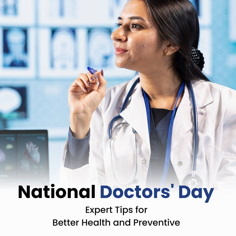 National Doctors’ Day image featuring a female doctor and preventive health tips