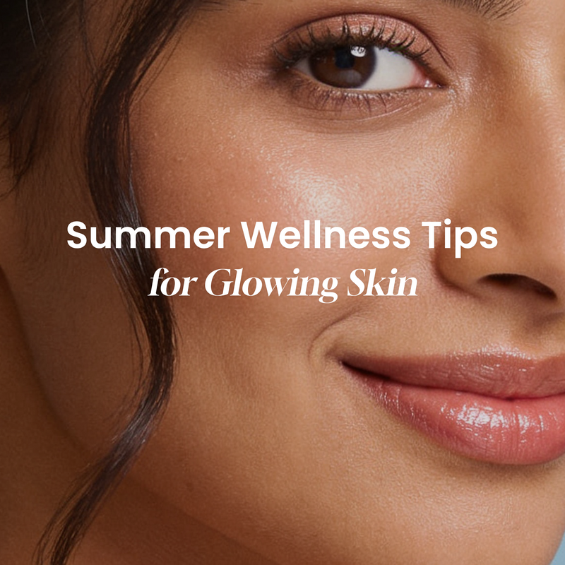Smiling woman with radiant skin featuring the text "Summer Wellness Tips for Glowing Skin" by Yugap Wellness