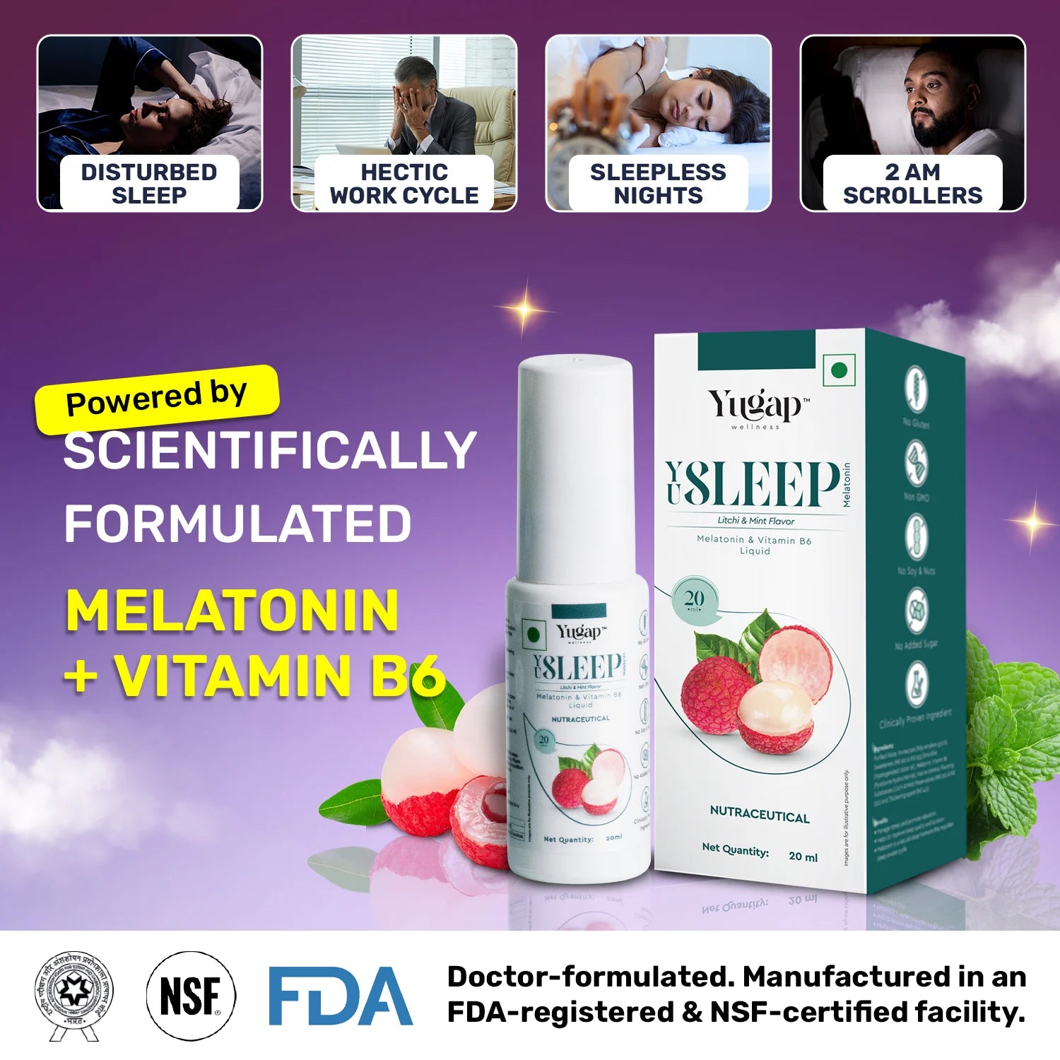 YuSleep melatonin mouth spray by Yugap in litchi‑mint flavor, promoting restful sleep, reduced stress, and natural sleep‑wake cycle regulation.
