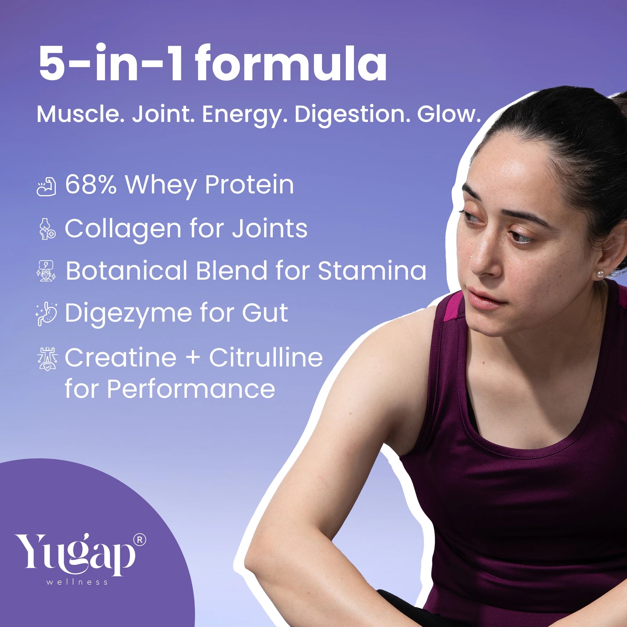 Advertisement for Yugap wellness product with a woman and list of ingredients on a purple background