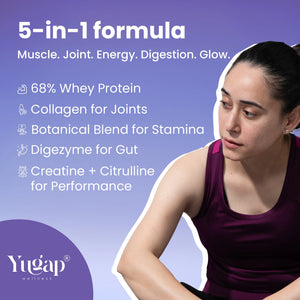 Advertisement for Yugap wellness product with a woman and list of ingredients on a purple background