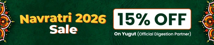 Promotional banner for 'Navratri 2026 Sale' featuring a 15% off discount on Yugut (Official Digestion Partner) against a dark green background with decorative orange and yellow text and traditional motifs.