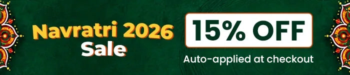 Promotional banner for Navratri 2026 Sale featuring a dark green background with yellow and white text reading 'Navratri 2026 Sale' and '15% OFF Auto-applied at checkout', plus decorative orange and yellow motifs at the corners.