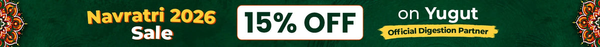 Promotional banner for Navratri 2026 Sale on Yugut Official Digestion Partner, featuring a large white '15% OFF' box with black text on a yellow background.