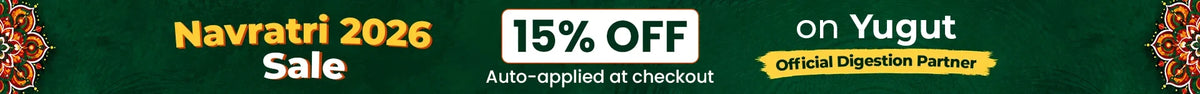 A promotional banner for Navlatri 2026 Sale, featuring a 15% OFF discount on Yugut official catalog. The banner has a dark green background with orange and white text and decorative borders.