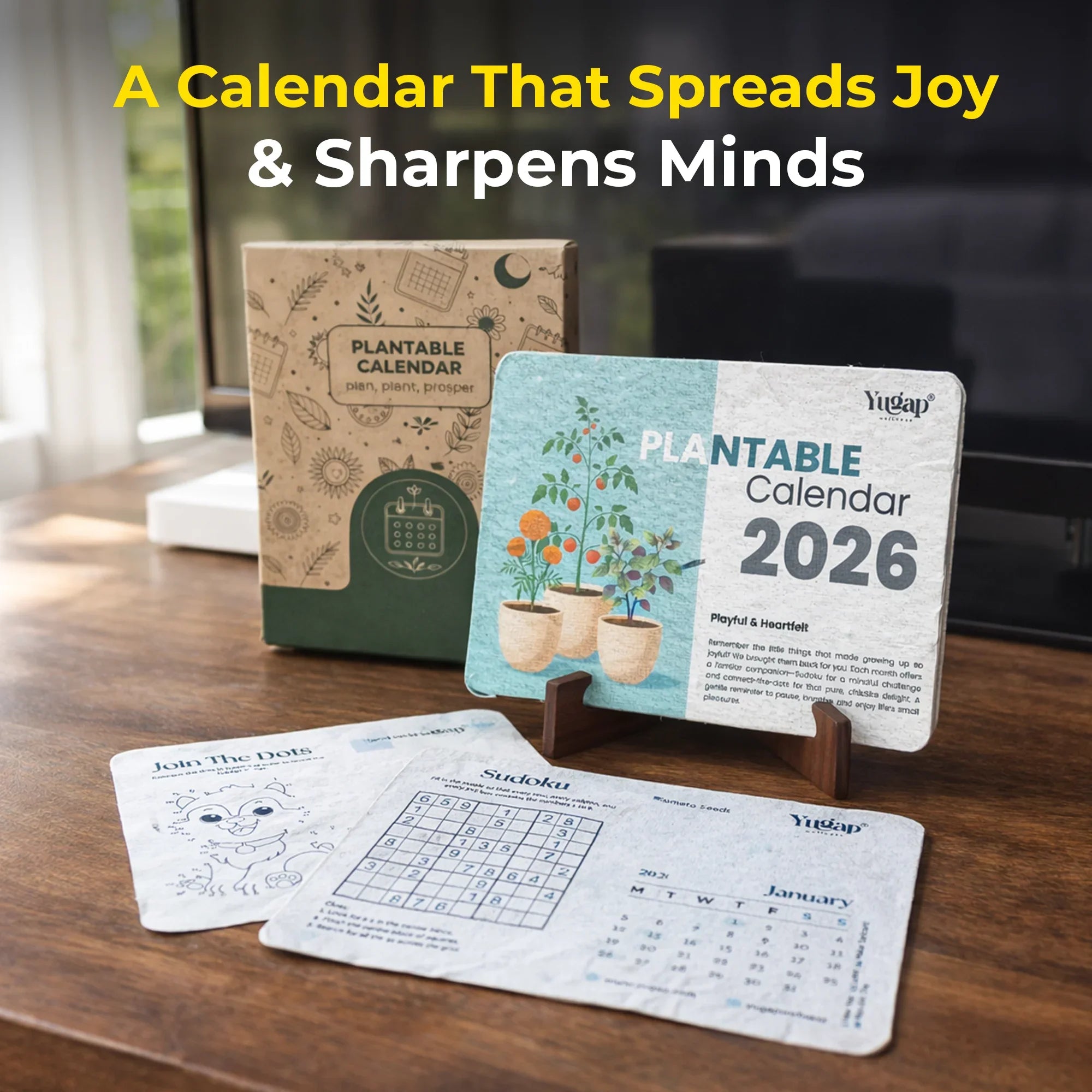 Plantable calendar 2026 on a wooden surface with a blurred background
