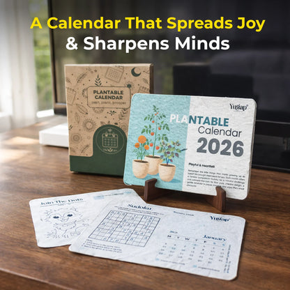 Plantable calendar 2026 on a wooden surface with a blurred background