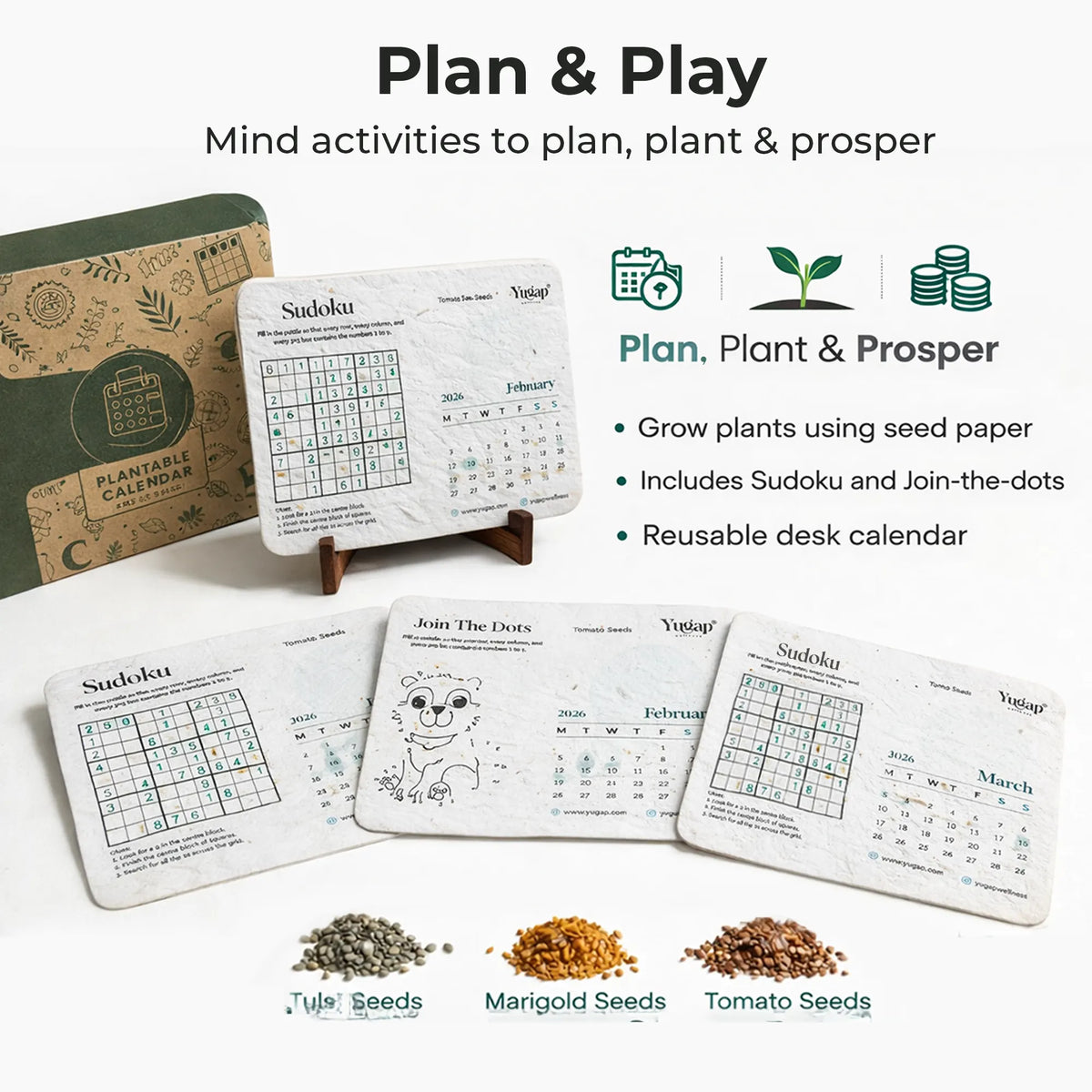 Educational and recreational product with Sudoku, calendar, and seed paper components on a white background.